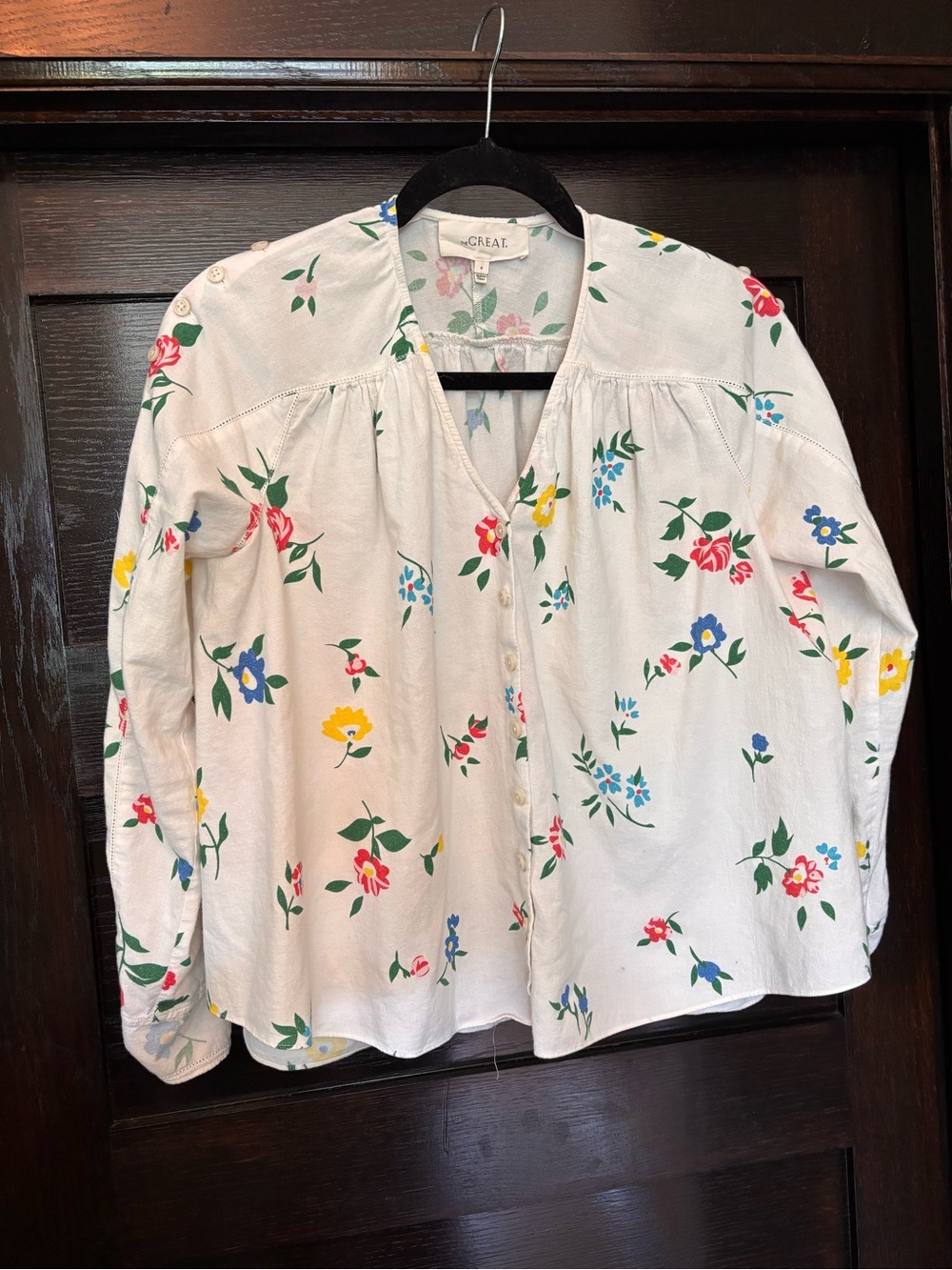 THE GREAT. Cream Floral Button-Front Peasant Blouse